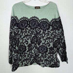 Vintage Bob Mackie Wearable Art Lace Print & Green Crew Neck Sweater Size XL